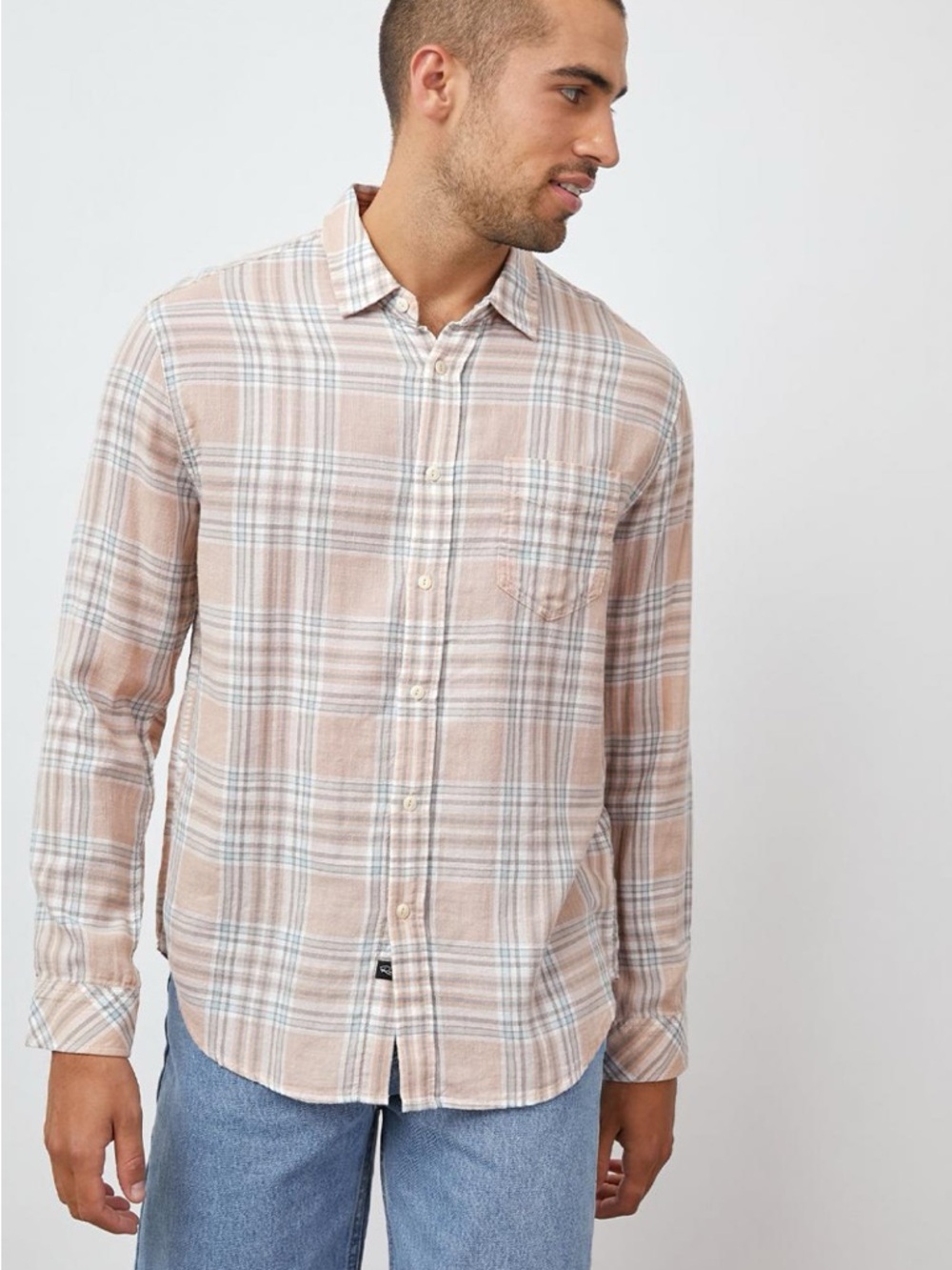 Rails Wyatt Ebi Blues Beige Plaid Long Sleeve Button Down Shirt Mens Sz. L